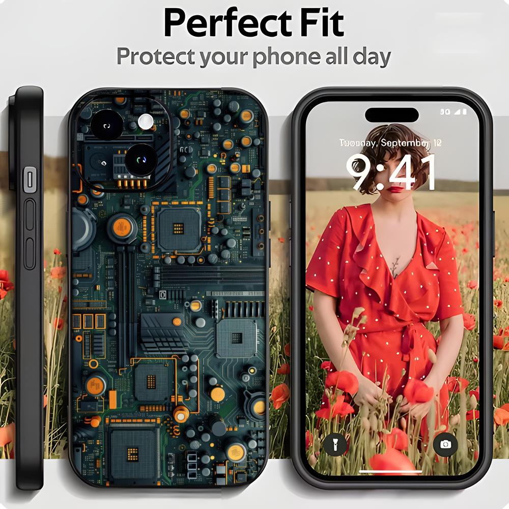 Techy Futuristic Pattern C-Circuit Board Phone Case Black Matte Thin Phone Case For iPhone17 16 15 14 13 ProMax