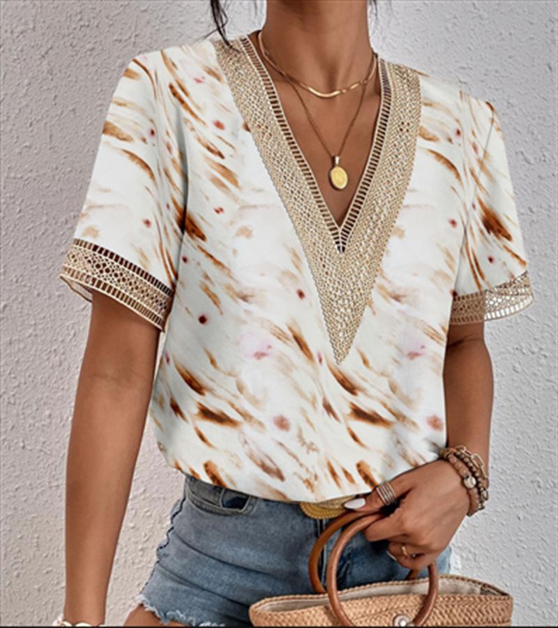 Women's V-Neck Lace Loose Top Commuter Short Sleeve Shirt Women's Splicing Design