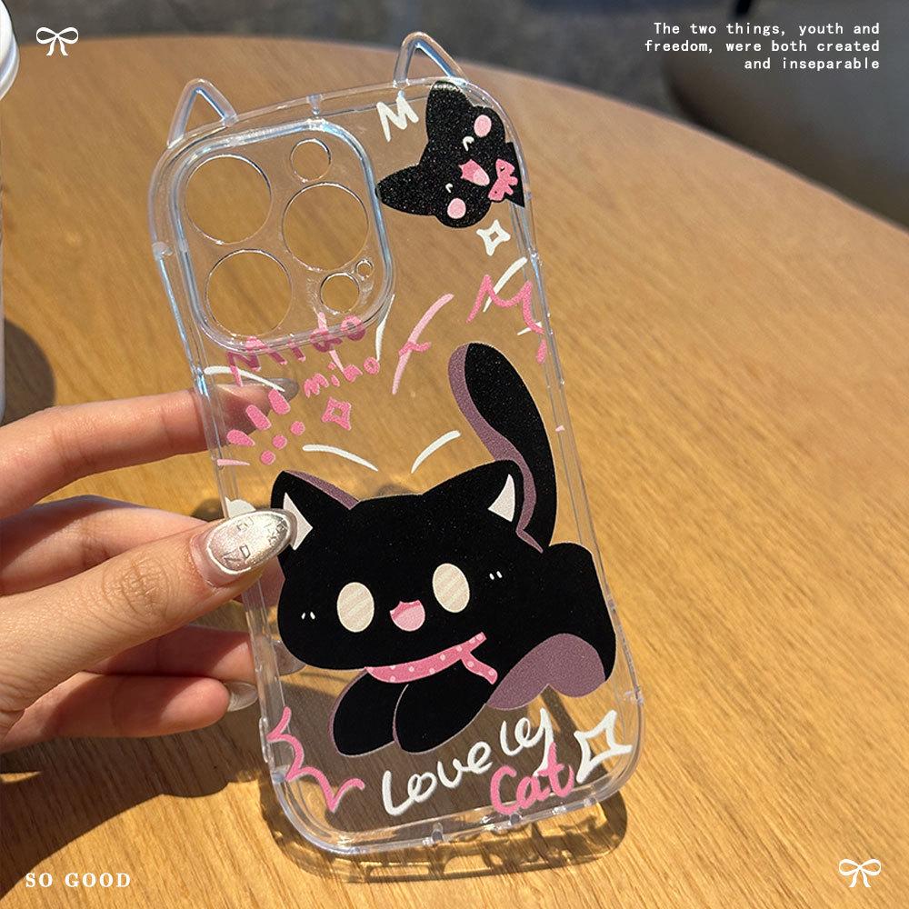 iPhone 16 Shocked Cat with Bracelet and Cat Ears Transparent Protective Case