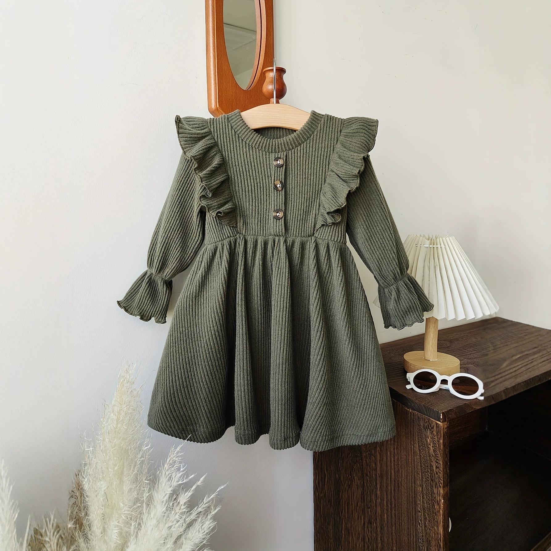 Baby Mädchen Spitze Rüschen Langarmkleid - Retro Elegantes Geripptes Design für Frühling & Herbst 90 cm armeegrün