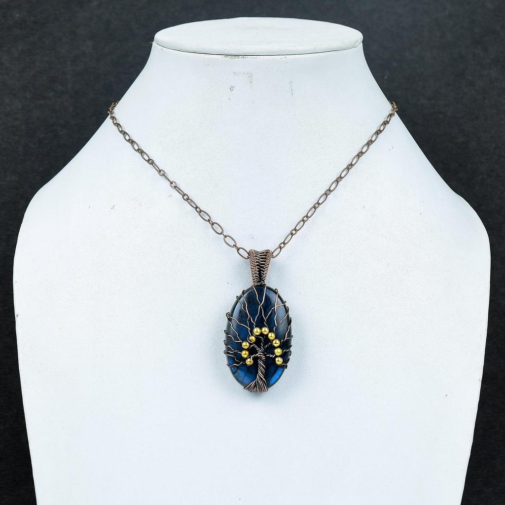 Tree Of Life Labradorite Pendant, Handmade Gemstone 999 Copper Wire Wrapped Pendant Antique Jewelry, For Gift Silver Jewelry