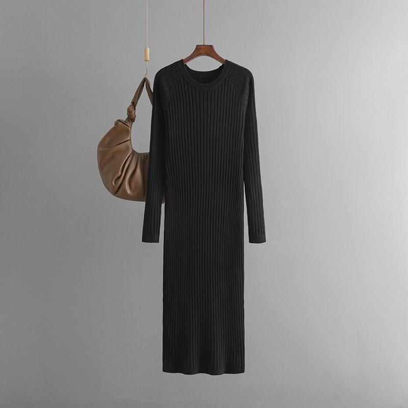 Medium and long over-the-knee sweater skirt for women's autumn and winter new round neck pit strip with bottom-up knitted dress