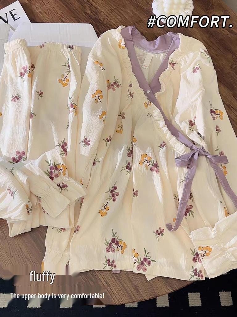 Frühjahr 2026 Damen Tragbares Wolkenbaumwoll-Bindepyjama-Set – Süßes, Niedliches, Bequemes Langarm-Oberteil und Hose