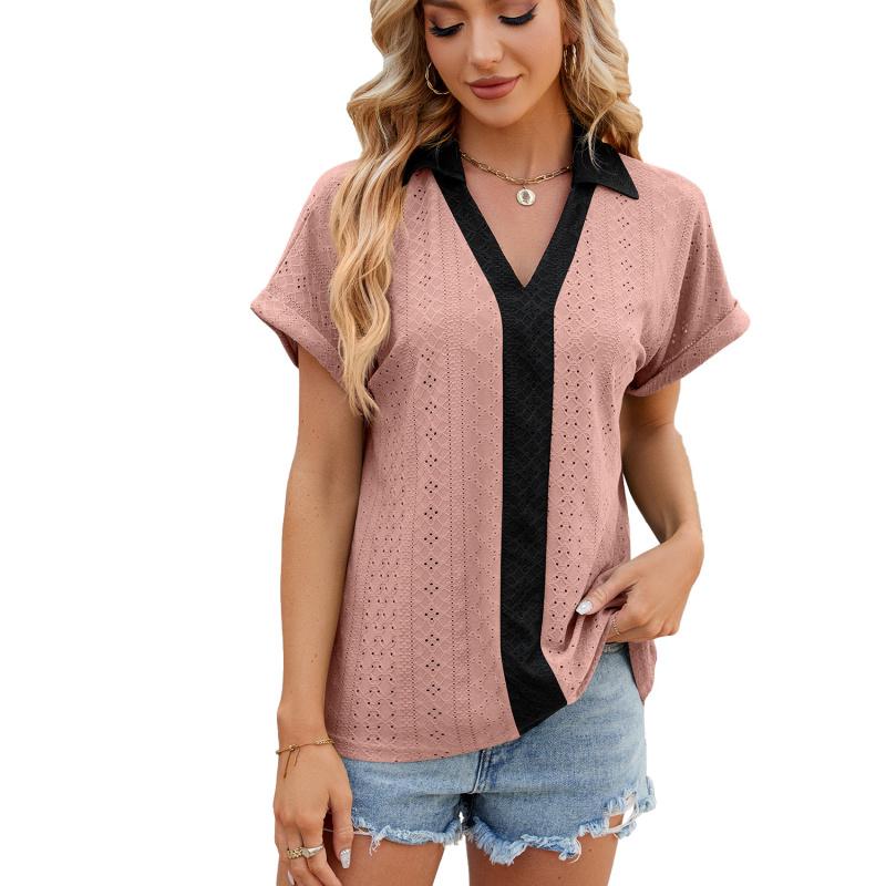 2026 Spring/Summer New V-neck Contrast Color Short Sleeve Loose T-shirt Women's Casual Top