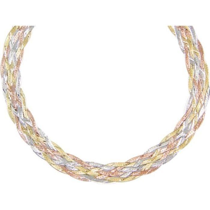 Collier Tresse Trois Ors - L'ATELIER D'AZUR - Femme - Jaune Blanc Rose - Longueur 42 cm Largeur 6 mm