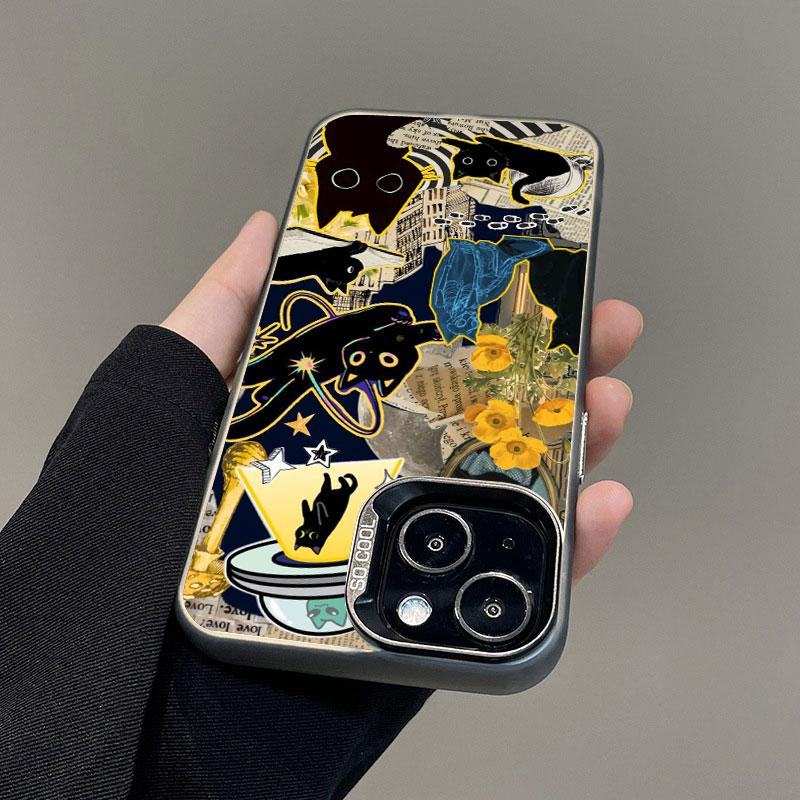 New Cute Black Cat Graphic Montage Laser Phone Case For iPhone 17 15 16 Pro Max Plus 14 13 12 Mini 11 Pro Max Shockproof Cover
