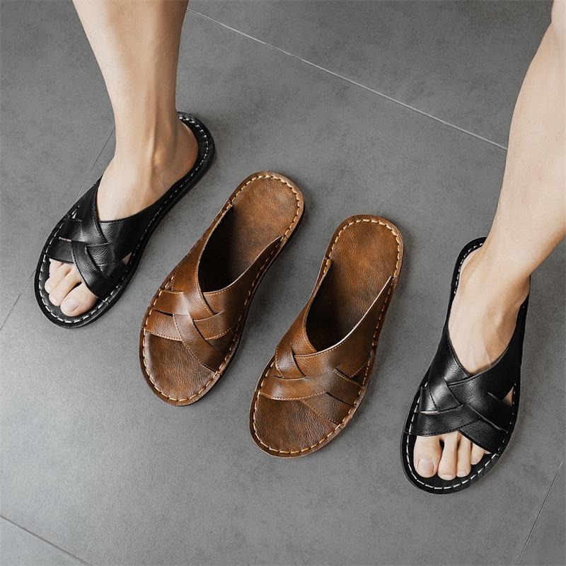 Men Slippers Handmade Simple Flats Sandals Outdoor Summer Brown Roman Sandals Open Toe Beach Shoes Plus Size