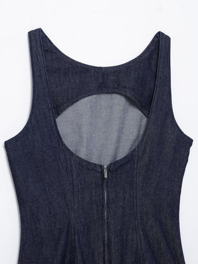 2026 Women's European & American Style Sleeveless Slimming Solid Color Denim Effect Short Dress