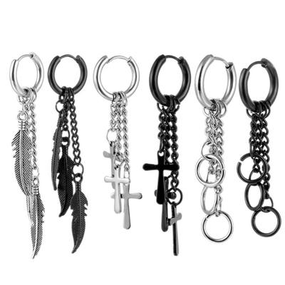 Erkek İçin Siyah Püsküllü Zincir Tüy Paslanmaz Çelik Spiral Ve Titanyum Çelik Kulak Kemiği Tokası Hip-Hop Küpeler Hediye Takı