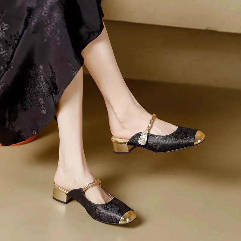 Fashion Spring and Autumn New Brand Square Toe Women's Thick Heel Slippers Fashionable Women's Elegant Low Heel Slip-On Sandals