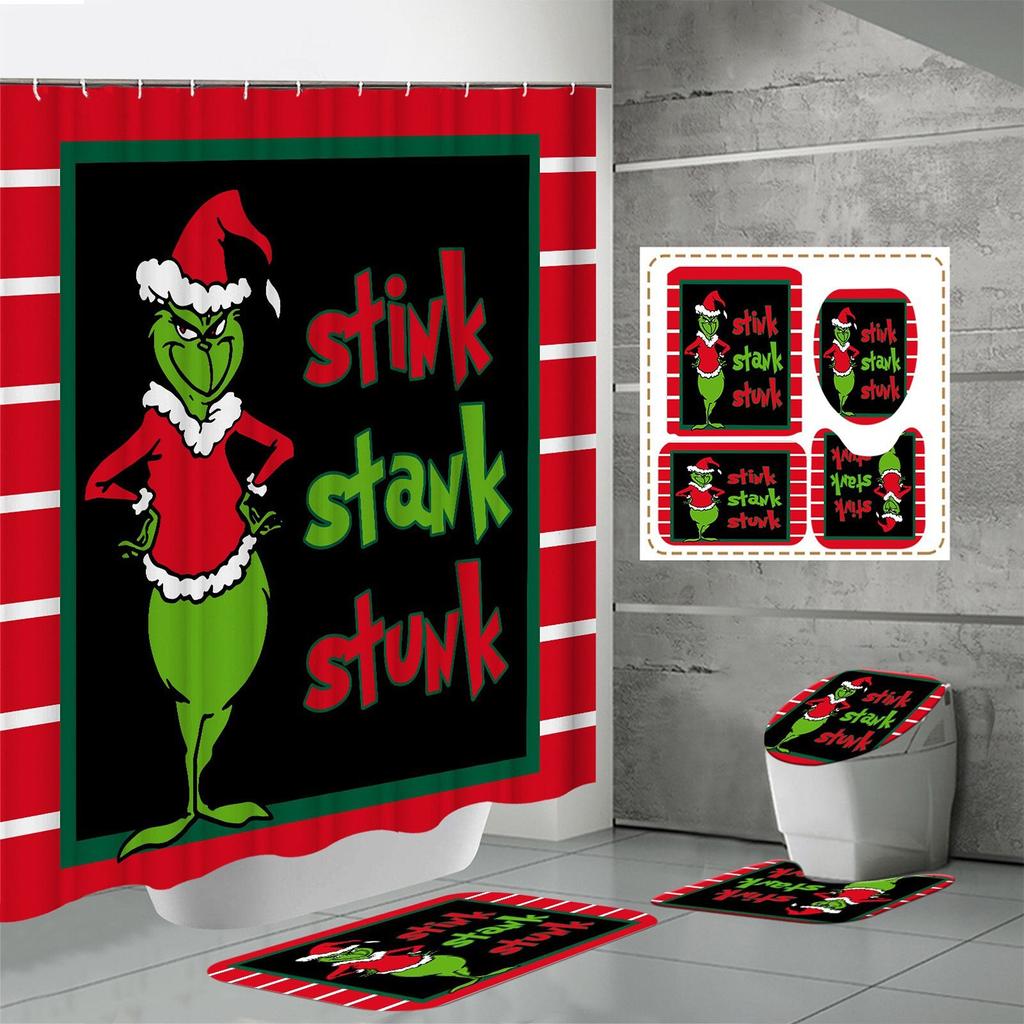 Christmas Waterproof Polyester Shower Curtain Mat Set Of Four