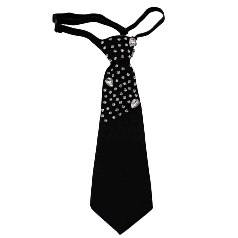 Elegant Rhinestones Embellished JK Shirt Tie for Women Men Harajuku Student Uniform Adjustable Pre Tied Black Necktie