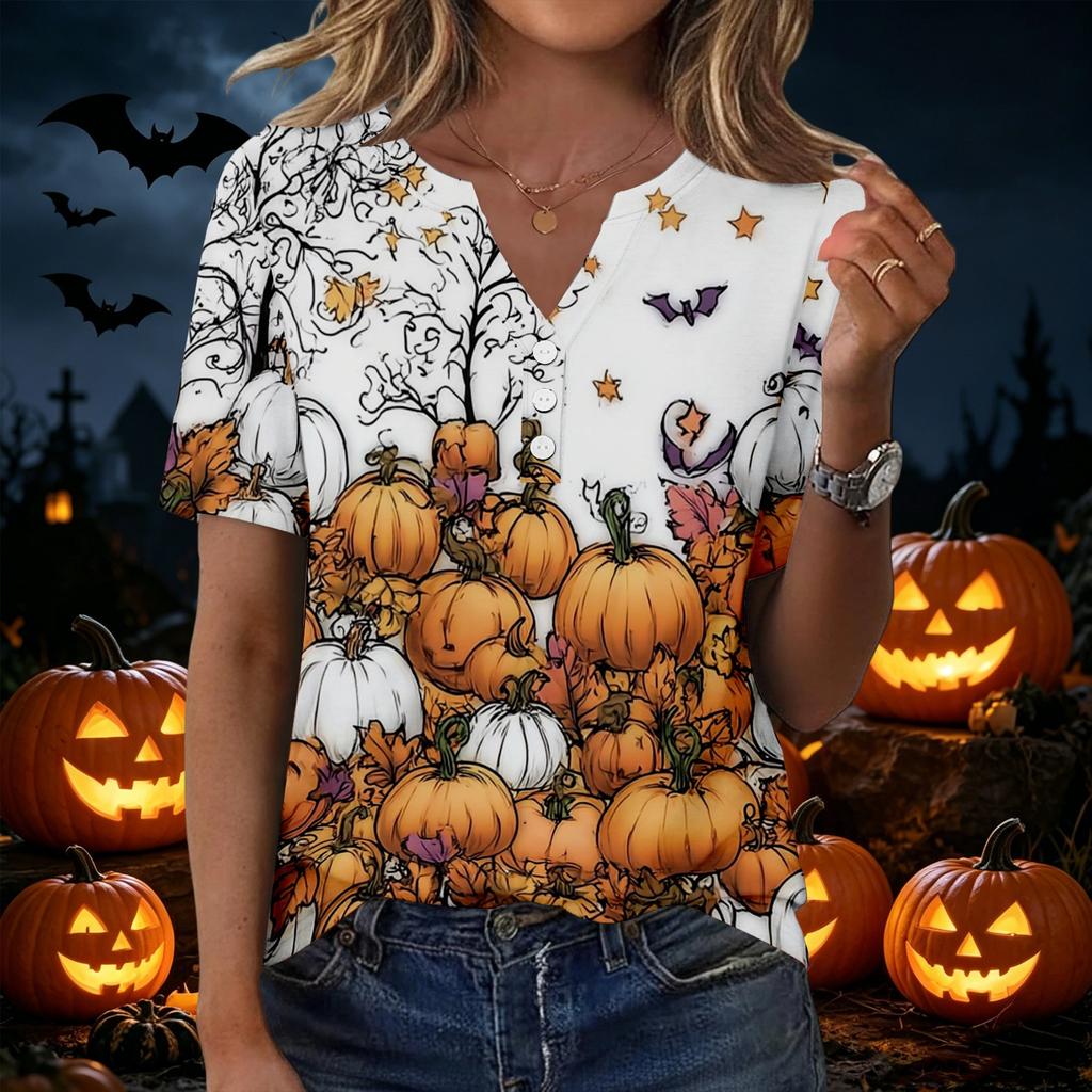 Women Halloween Print Loose Fit V Neck Short Sleeve Shirt with Pocket Casual Top for Everyday Wear