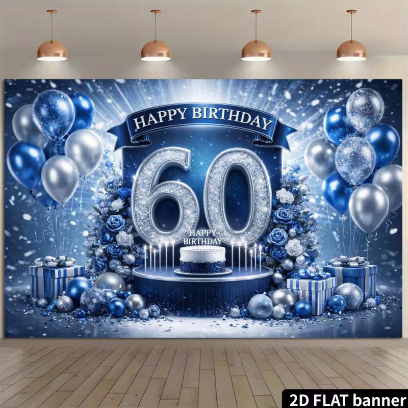 2D Blue Silver Birthday Banner, 60th Birthday Glitter Party & Live Background
