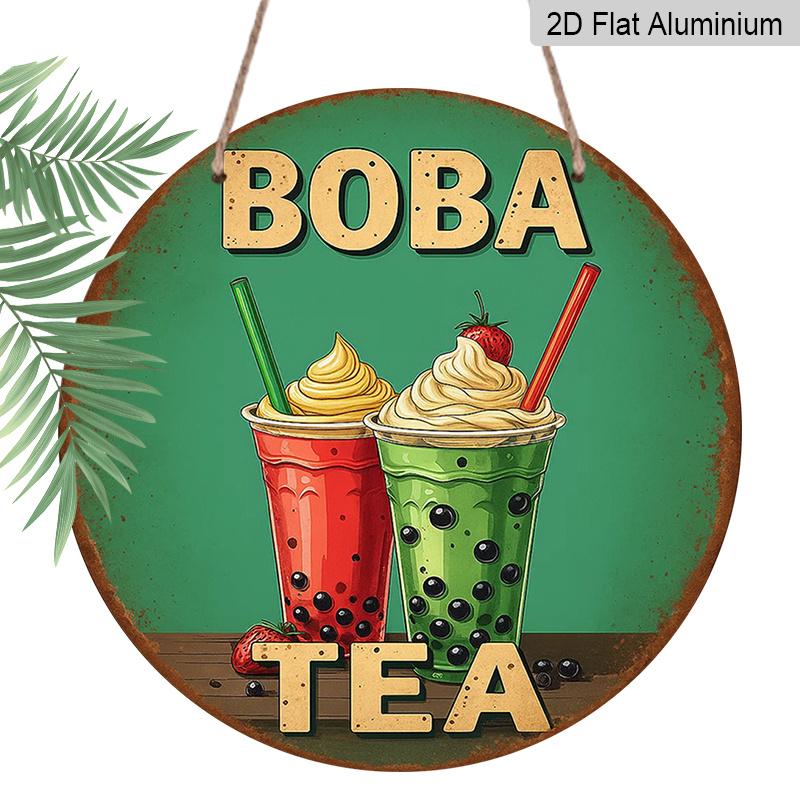 

2D Flat - A Vintage Aluminum Sign about BOBA TEA , Retro Bubble Tea Cup Design with Strawberry & Cream Topping Measuring 7.87 Inches, Suitable for 1pc