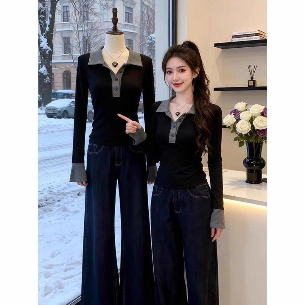 Women's Long Sleeve Ribbed Cotton T-shirt - Slim Fit, Stylish Design for Spring & Autumn