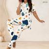 Women Plus Size Geometric Printed Round Neck Short Sleeve Long Top Fitted Pants Two Piece Set