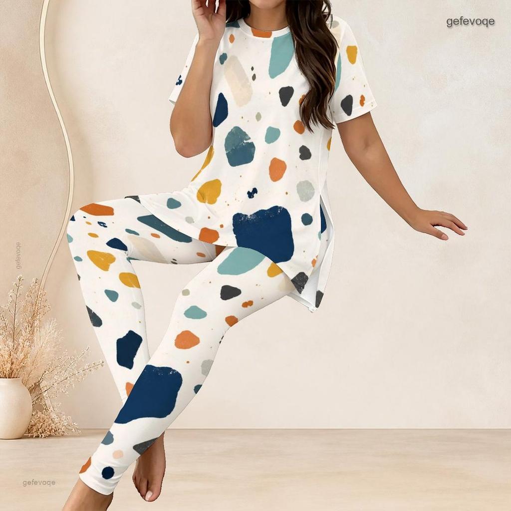 Women Plus Size Geometric Printed Round Neck Short Sleeve Long Top Fitted Pants Two Piece Set