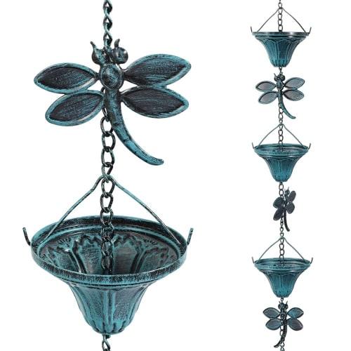 Vindar 2.6m Dragonfly Iron Retro Rain Chain for Gutters, Antique Sky Blue, 10 Flower Cups, 10 Dragonfly Decorative Rain Chain