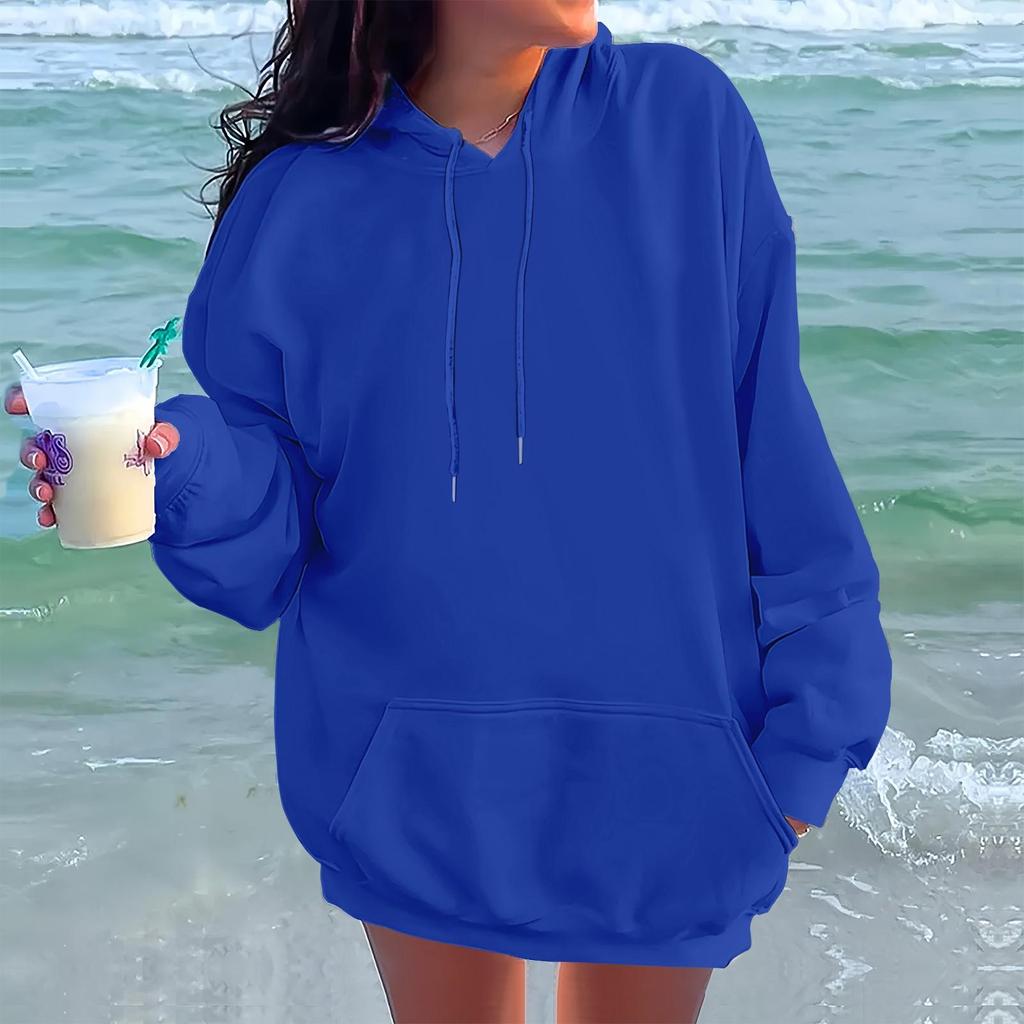 Ladies' Fashionable Casual Long Sleeved Round Neck Hooded Solid Color Hoodie With Threaded Thread