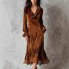 Women's Brown Velvet Dress with V-Neck and Ruffled Hem