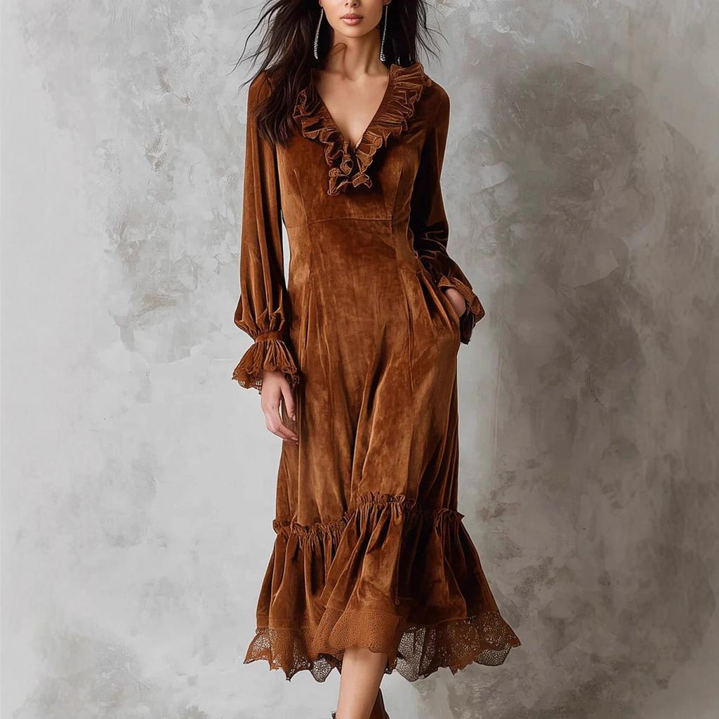 Women's Brown Velvet Dress with V-Neck and Ruffled Hem