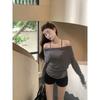 Spice girl wind off-the-shoulder one-word shoulder long-sleeved shirt women's spring new slim-fit bottoming shirt top
