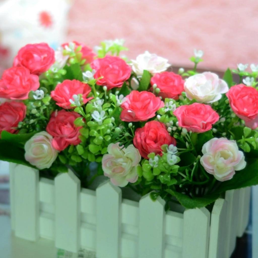 Silk & Plastic Flower Bouquet with Wooden Fence for Living Room Décor