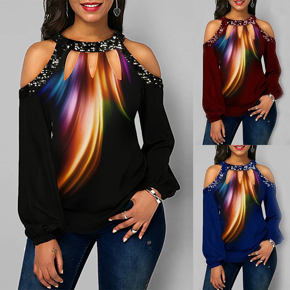 

Женщины Сексуальные блестки Холодные плечи Топы Туника Повседневная Свободная футболка Пуловер Блузка