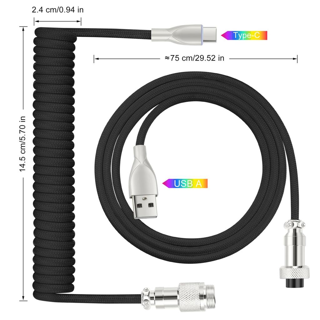 WLGQ USB C Keyboard USB C To USB A Coiled Keyboard Cable for Braided Detachable Metal Aviator Connector Double Sleeve 6 Feet Cable, Cable, Gaming,
