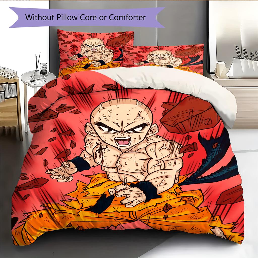 Dragon Ball Krillin Muster Bettwäsche Heimdekoration Geburtstagsgeschenk (1 Bettbezug + 2 Kissenbezüge, ohne Füllung)