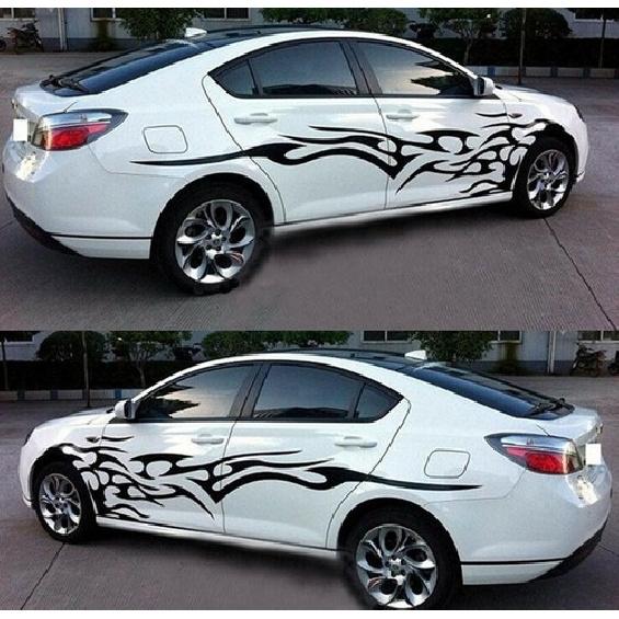 2Pcs Car Body Door Sticker Racing Stripes Black Flame Graphics DIY Vinyl Decal