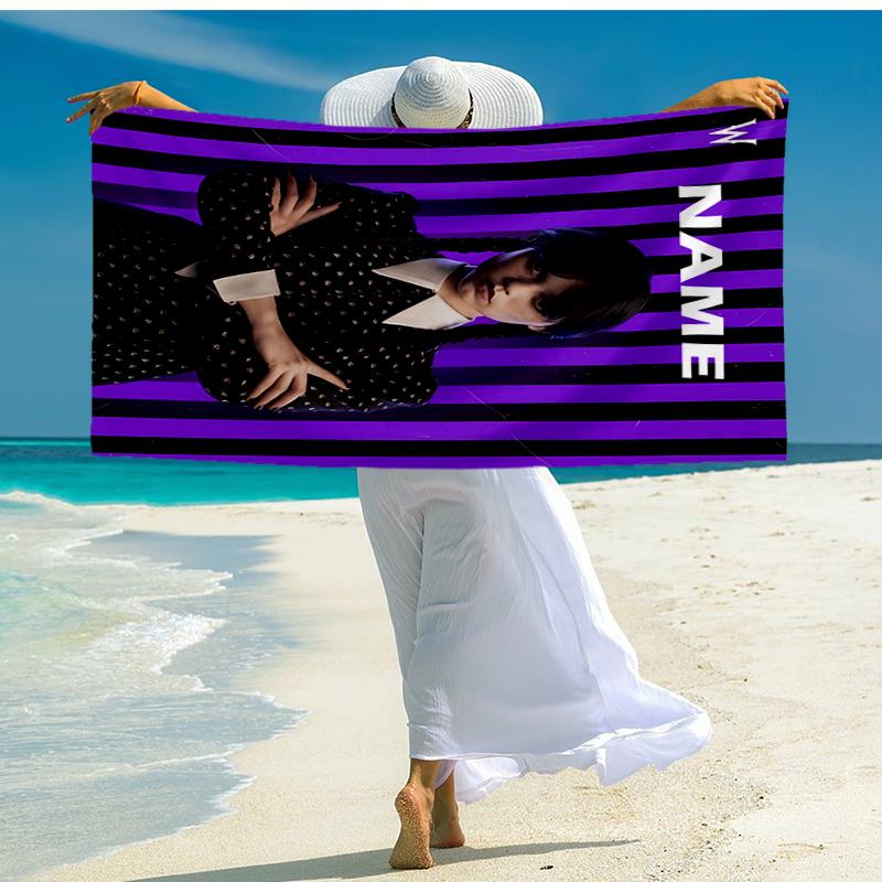 Custom Name Ultra-Soft Beach Towel with Wednesday Theme,Ideal for Pool - Camping, Diving - Perfect Travel Essential, Vibrant Beach Towel.