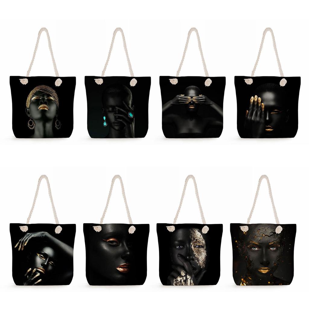 Multifunctional Cool Black People Printed Thick Rope Shoulder Beach Bag Casual Large Capacity Handbag 0114