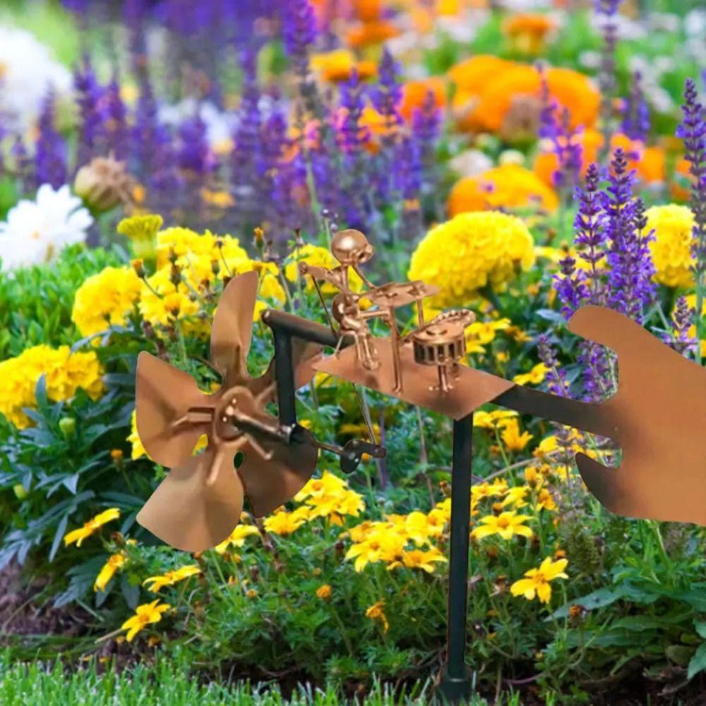 Metal Wind Spinner Handmade Metal Drummer Windmill Funny Rockin Art Figurine  For Office Outdoor