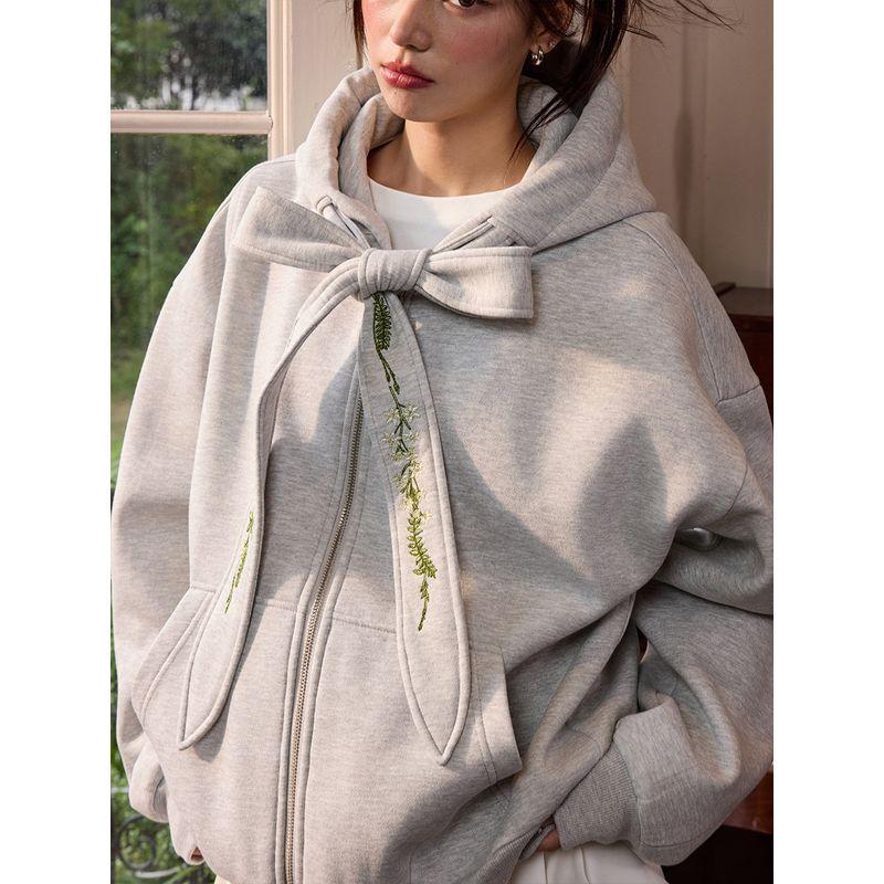 HACR's Harshandcruel Detachable Florals Embroider Bows Bow Tie Streamer Hooded Cardigan Sweater