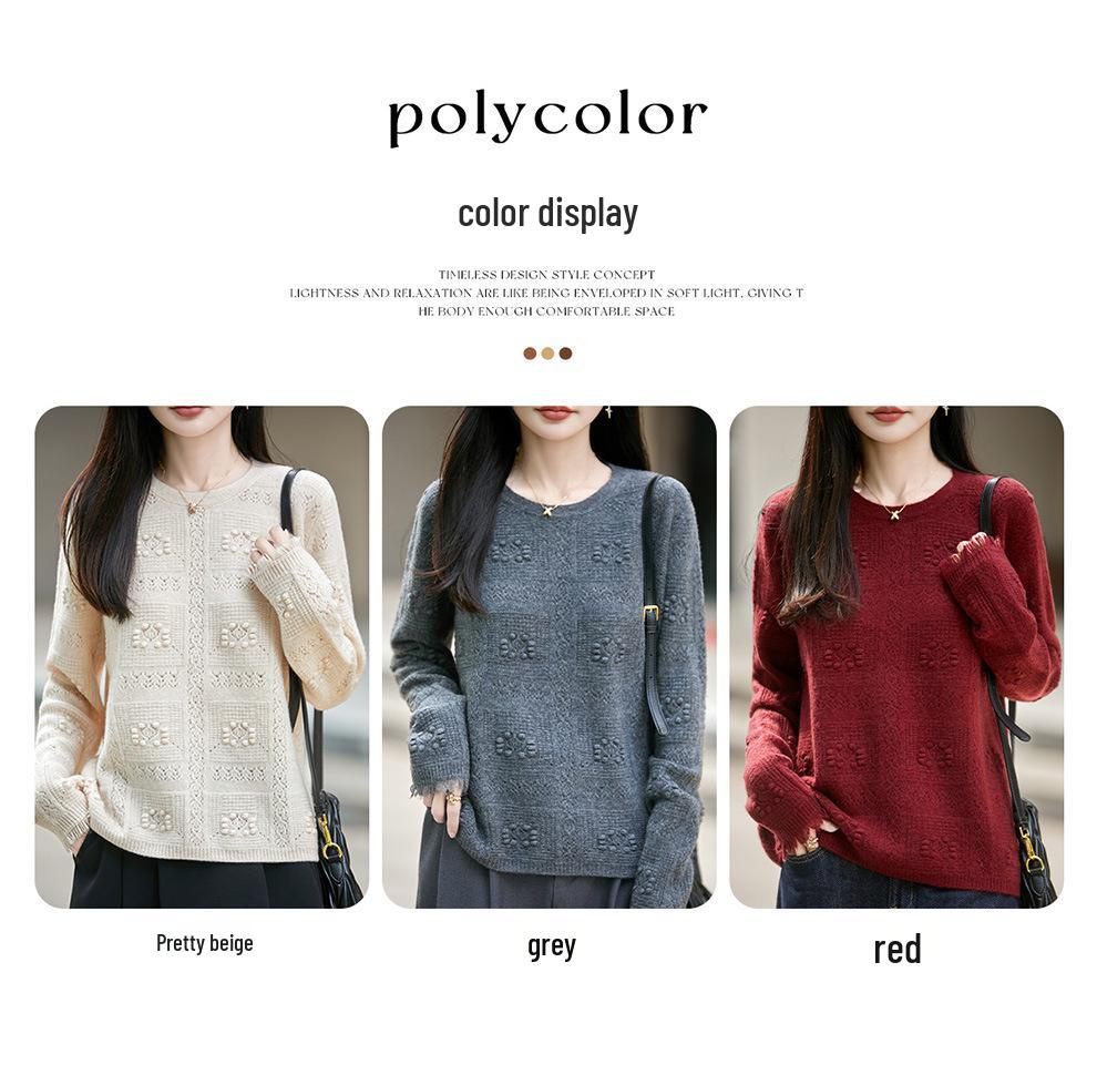 2026 A/W Plaid Wave Pattern Loose Pure Wool Knit Sweater - Women's Round Neck Long Sleeve