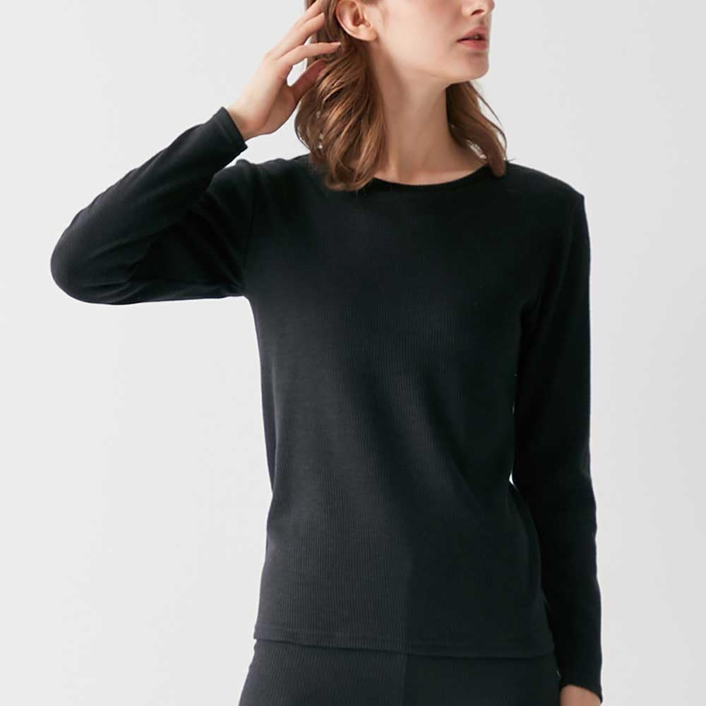 Gunze HOTMAGIC MH8446 Long Sleeve Cotton Warm Inner Rib Black Women's T-Shirt, Blend, Moisture-Wicking, Heat-Generating, Material,