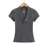 Summer New Female American Spice Girl Solid Color Dark V-neck Short-sleeved T-shirt Design Sense Splicing Slim-fitting Waist Bottoming Shirt