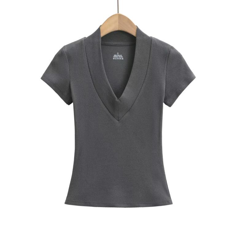 Summer New Female American Spice Girl Solid Color Dark V-neck Short-sleeved T-shirt Design Sense Splicing Slim-fitting Waist Bottoming Shirt