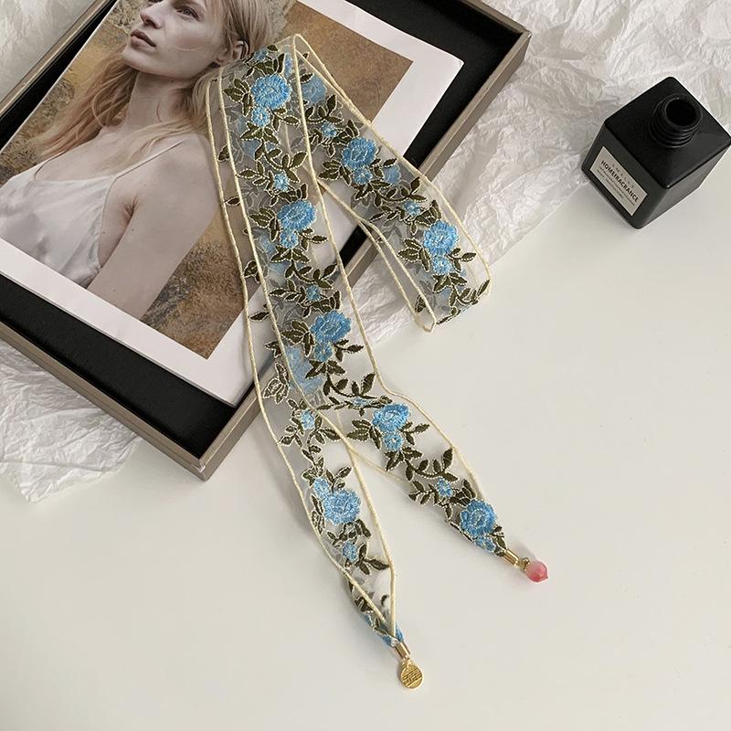 Embroidered Lace Silk Scarf Premium Pendant Small Scarf Tie Bag Ribbon Rose Lace Mesh Headscarf Headband Hair Accessories