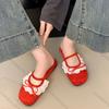 Fashion Comemore Summer New Women's Mary Jane Shoes Square Toe Flat Buckle Suede Lace Bowknot Gentle Sweet Mules Baotou Half Slippers