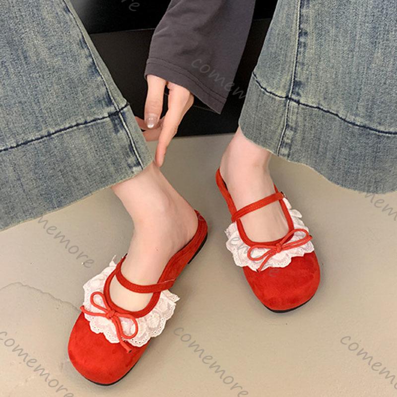 Fashion Comemore Summer New Women's Mary Jane Shoes Square Toe Flat Buckle Suede Lace Bowknot Gentle Sweet Mules Baotou Half Slippers