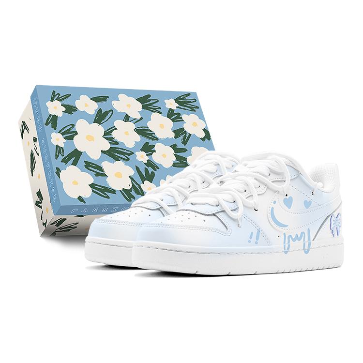 Nike Court Borough Ice Blue Heart Low top Skateboard Shoes Women's Blue White BQ5448-100(TeamS-S-BOX)