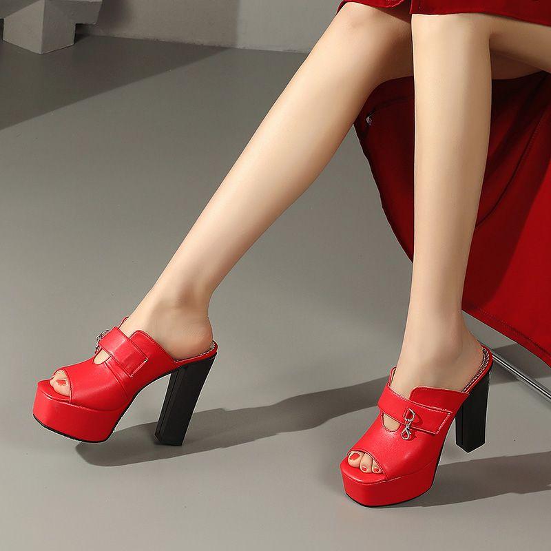 Sexy Denní Dámské Sandály Čtvercová Špička Blokový Vysoký Podpatek 12cm Platforma 4cm Nazouvací Muly Kovová Dekorace Velká Velikost 49 50