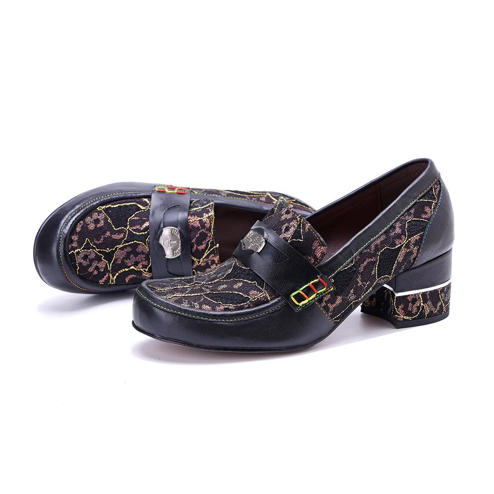 Johnature Ručně vyráběné lodičky z pravé kůže, retro prošívání, pohodlné mokasíny, silný podpatek, dámské boty