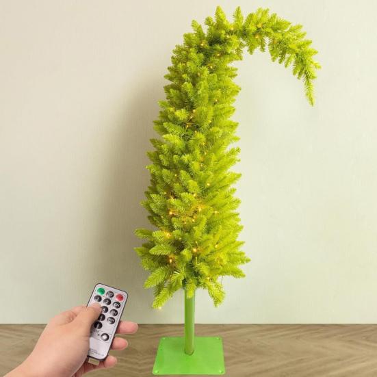 Lighted Pine Needle Christmas Tree Top Curved Artificial Green Xmas Tree with String Light for Tabletop Centerpiece Holiday Indoor Decor