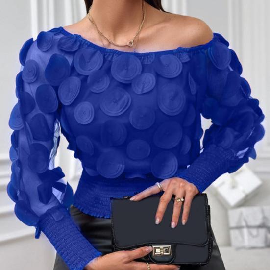 Women Tops Off Shoulder Puff Long Sleeve Elastic Waist Short Tops Perspective Mesh Yarn Casual Tops Party Daily Wear