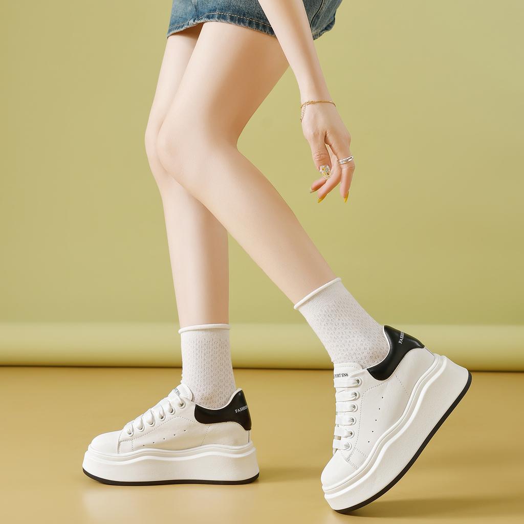 Small Women's Shoes Leather Platform White Shoes Women's Spring New Versatile Height-increasing Shoes Casual Board Shoes