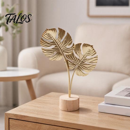 Talos Metal Leaf Ornaments, Gold Palm Leaf, Ginkgo Feather Statue with Wood Base, Modern Desktop Sculpture for Living Room, Bookshelf, Office